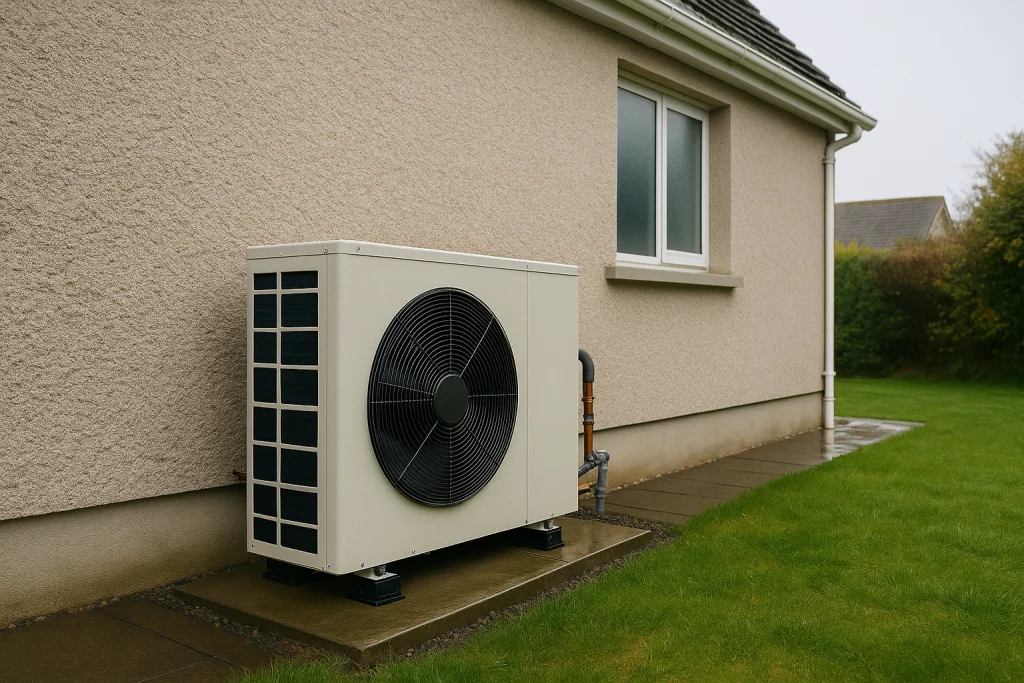 Outdoor air-to-water heat pump beside a pebble-dash Irish house wall with insulated pipework and frosted window