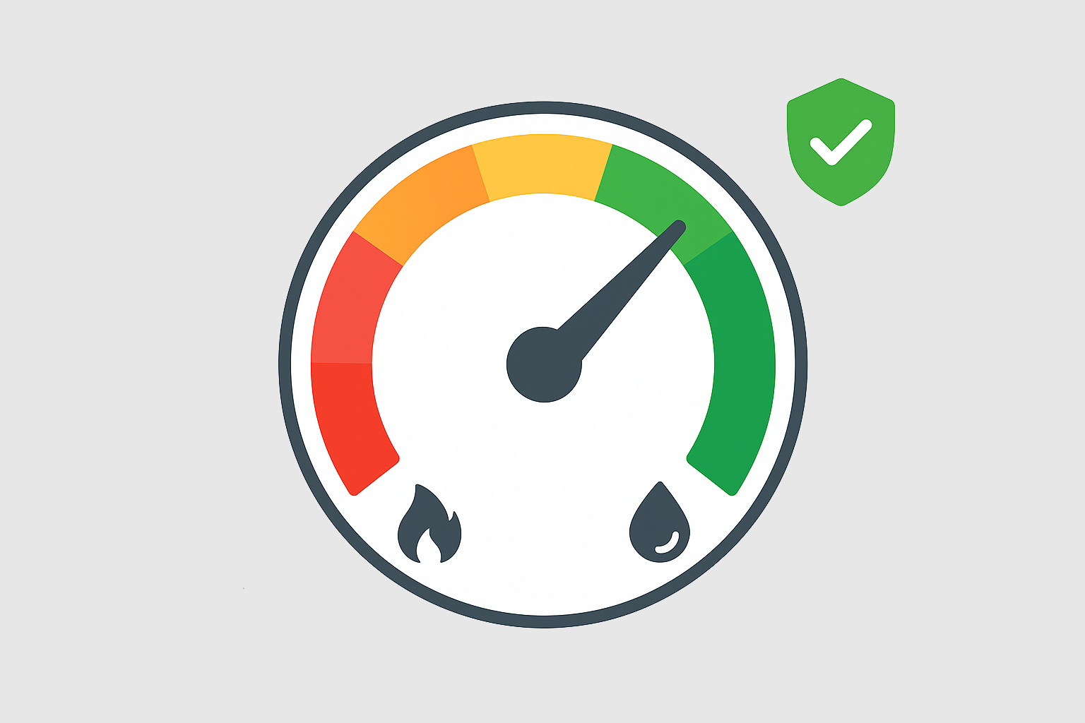 Circular gauge showing efficiency from red to green with two needles (“before” faint and “after” in green), plus small safety and heating icons