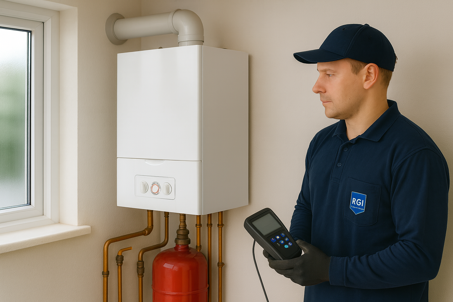 Gas boiler service — inspection and efficiency check. echnician holding a flue-gas analyser beside a wall-mounted condensing gas boiler in an Irish utility room