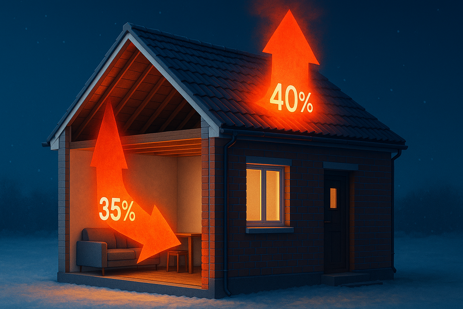 Cutaway house with two glowing arrows showing heat loss: 35% through uninsulated walls and 40% through an uninsulated attic.