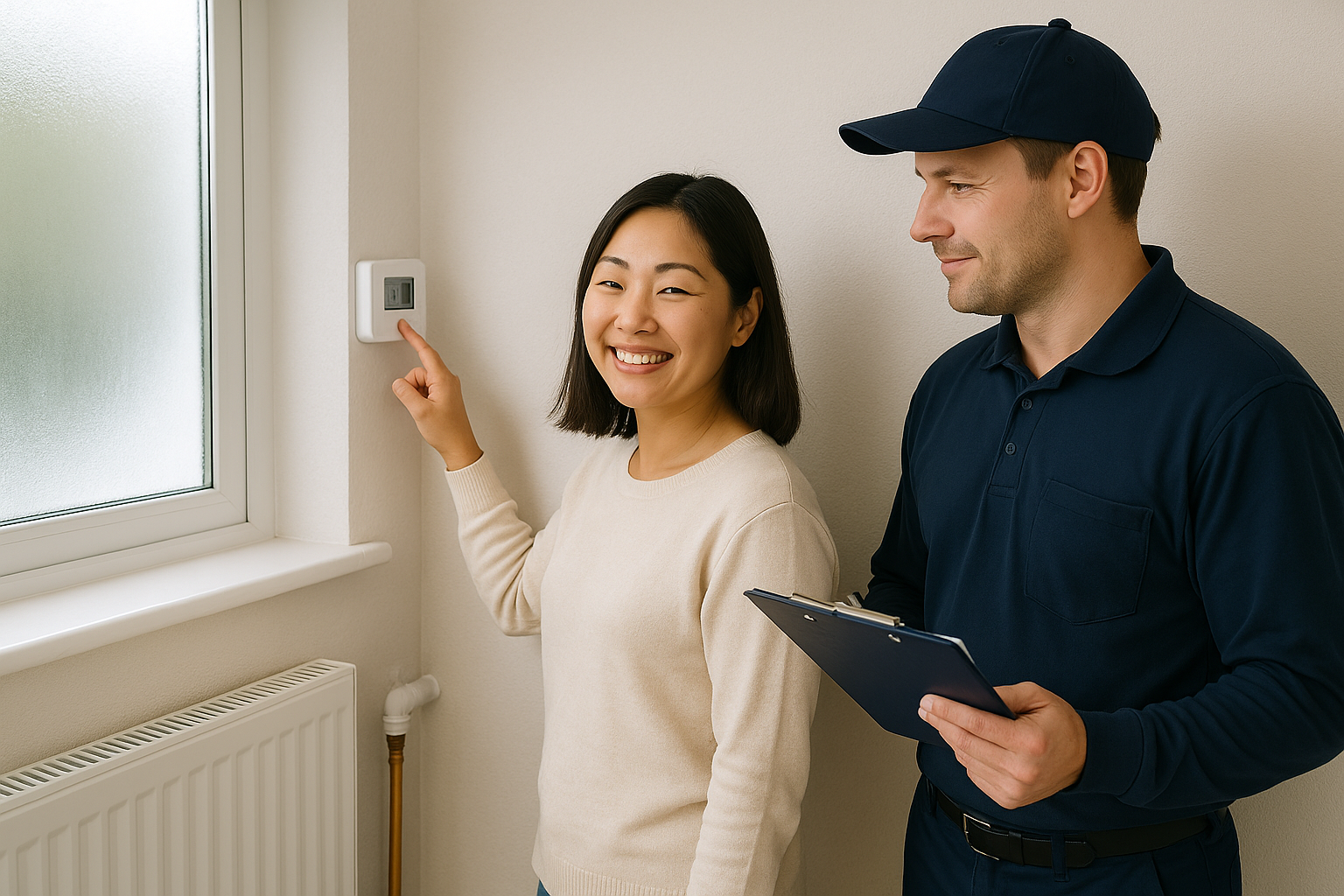 Friendly guidance from registered technicians. Asian homeowner adjusting a wall thermostat while a heating technician with a clipboard stands beside her in an Irish home