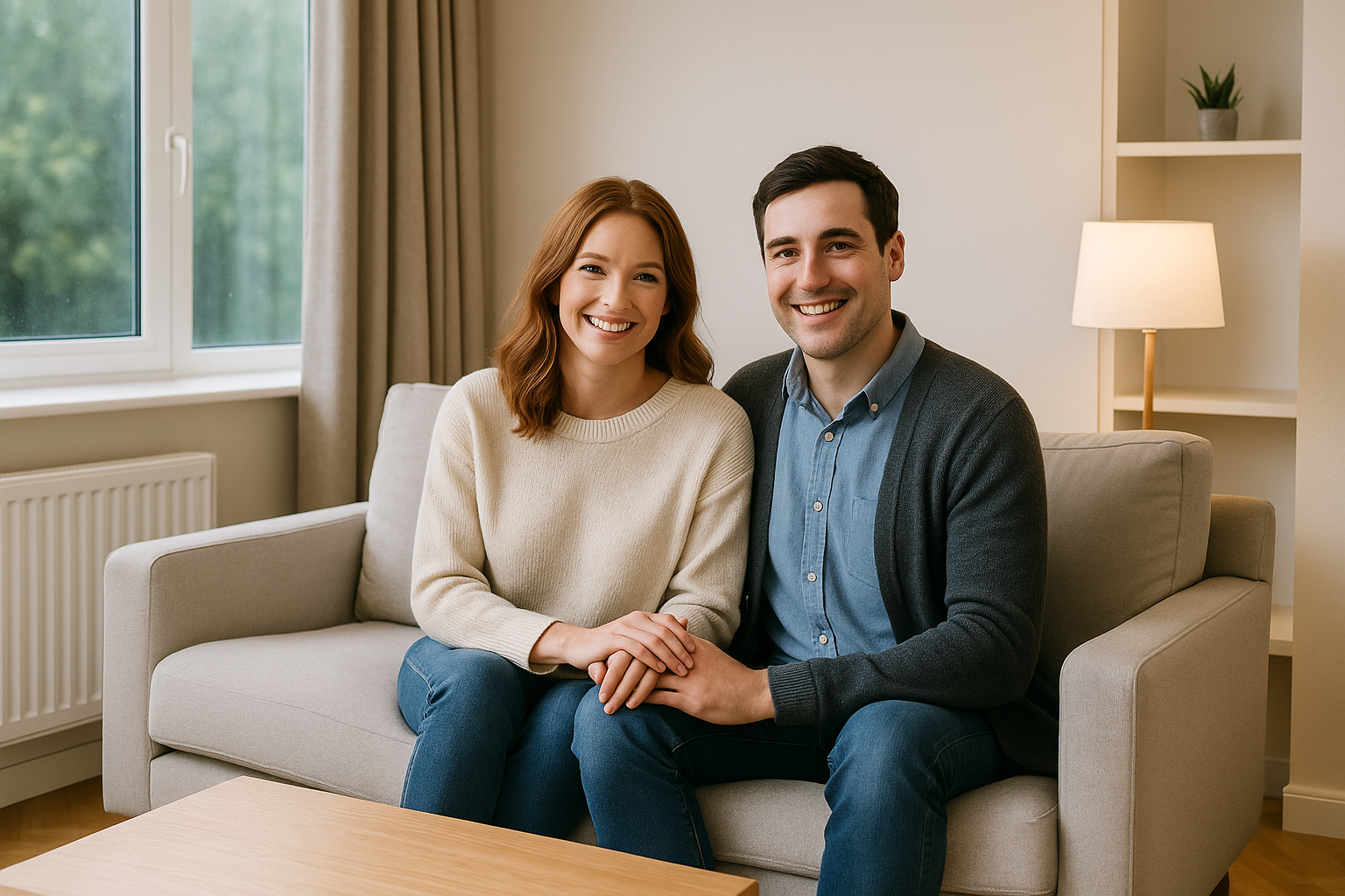 High-resolution photo of an Irish couple relaxing on a modern grey sofa in a bright, contemporary sitting room. Natural daylight through a large window, radiator beneath the sill, neutral décor with shelving and a simple lamp rish couple sitting on a modern grey sofa in a bright living room, smiling; radiator under the window and a simple lamp on shelving in the background