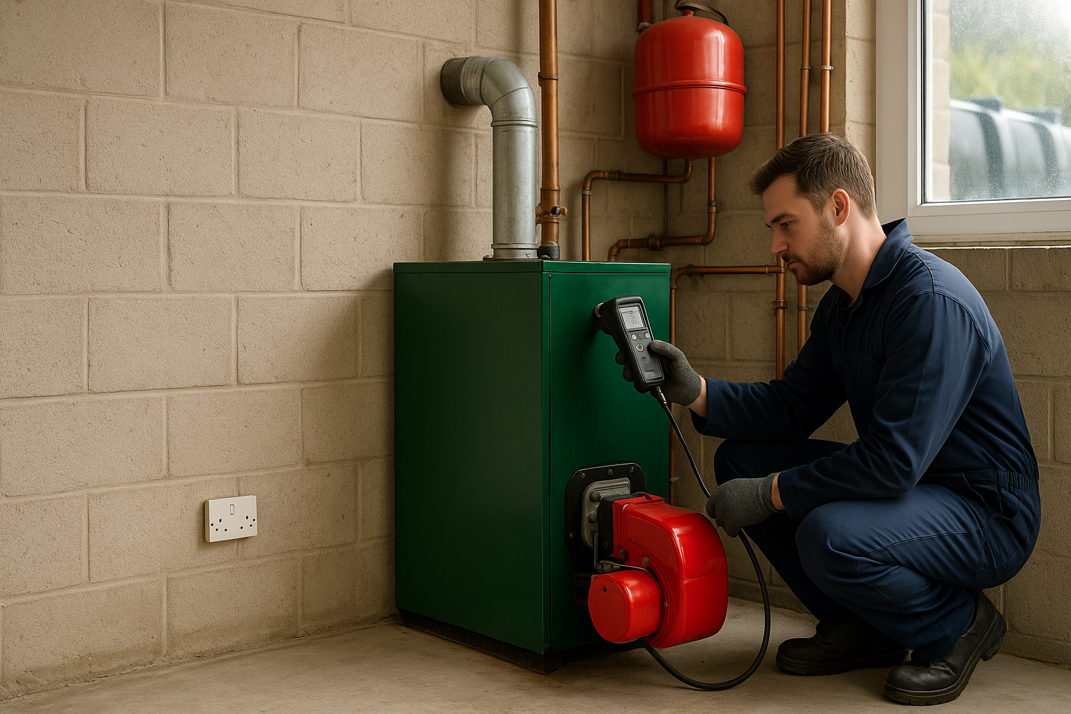 Technician servicing a floor-standing green oil-fired boiler in an Irish utility room using a flue gas analyser