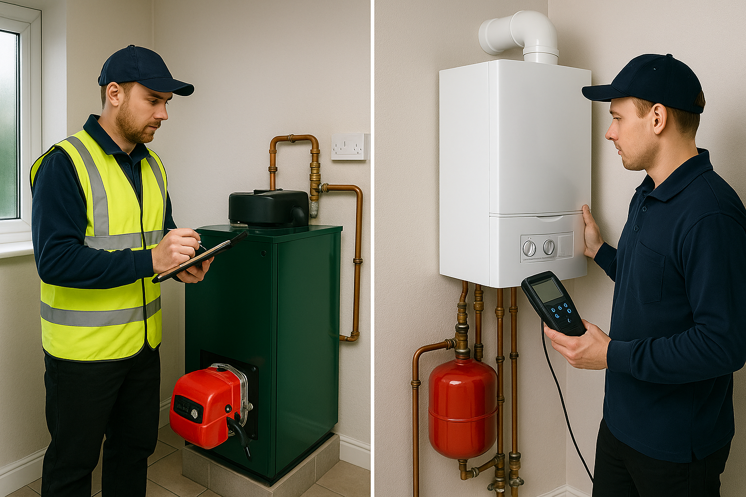 Split image: technician with floor-standing green oil boiler (left) and technician with wall-mounted white gas boiler and analyser (right) in modern Irish utility rooms