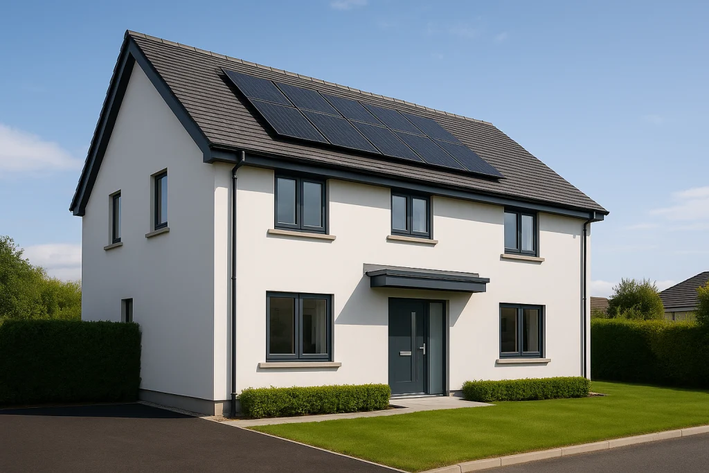 Modern Irish home with roof-mounted solar panels under blue sky; clean driveway and hedging